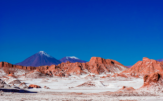 View on Volcanoes Licancabur and Juriques, Moon Valley, Atacama desert, Chile