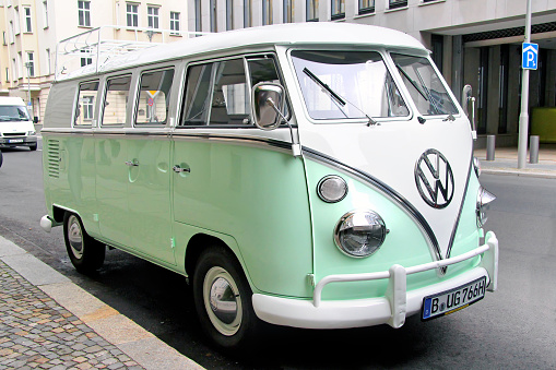 Berlin, Germany - September 12, 2013: German Volkswagen Transporter retro van parked at the city street.