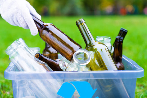 Volunteer cleaning up park and recycle glass stock photo