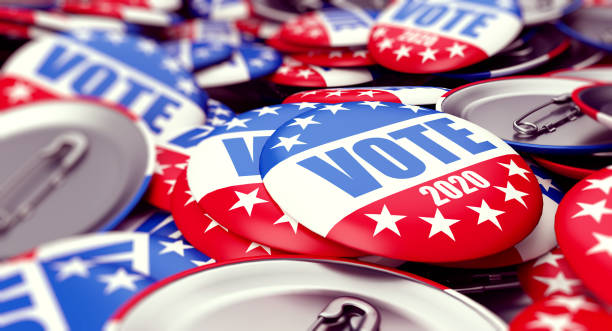 vote election badge button for 2020 background, vote usa 2020, 3d illustration, 3d rendering - campaign imagens e fotografias de stock