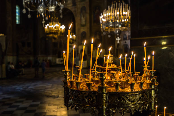 Votive candle inside Alexander Nevski cathedral, Sofia, Bulgaria stock photo