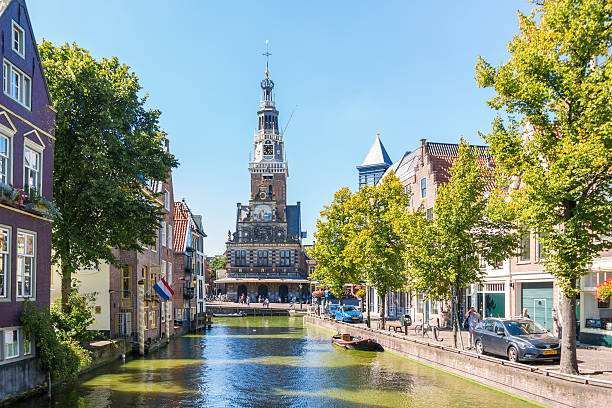 Waag, weigh house, from Zijdam canal in Alkmaar, Netherlands stock photo
