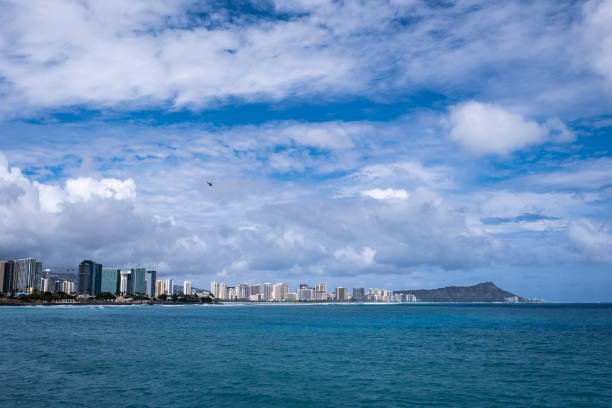 Waikiki Coastline with Diamond Head in the Distance stock photo