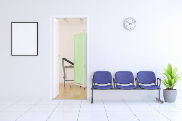 wartezimmer mit leerer rahmen außerhalb des arztes - allgemeinarztpraxis stock-fotos und bilder