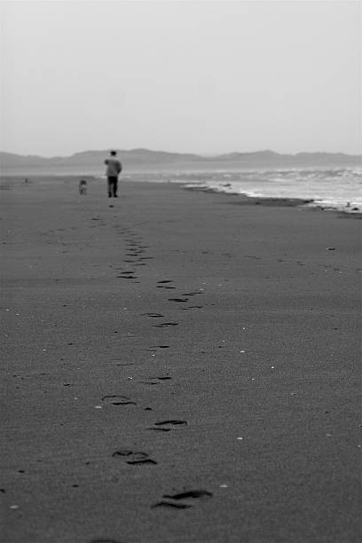 Walker on an Irish beach leaving footprints in the sand stock photo