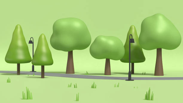 passagem e lâmpada com muitas árvores em parques verdes, desenho animado estilo baixo poli renderização em 3d - arvores 3d - fotografias e filmes do acervo