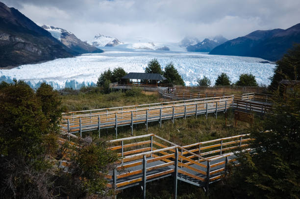 Walkway to viewpoint of Perito Moreno glaciar in Los Glaciares National Park, Patagonia, Argentina stock photo