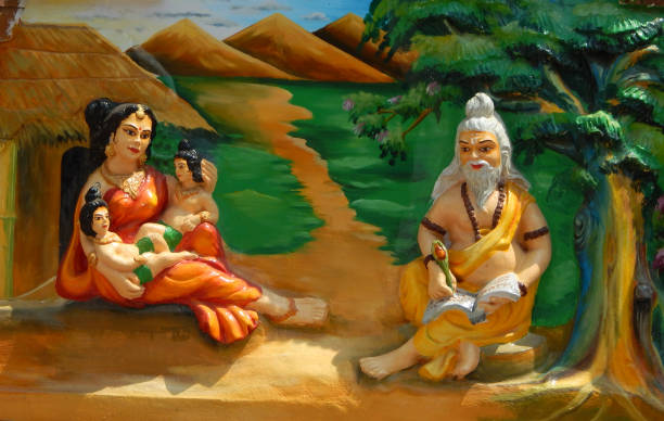 wall art of Valmiki write Hindu epic Ramayana siting in his hermitage which sheltered goddess Sita in Jagannath temple,Hyderabad,India. wall art of Valmiki write Hindu epic Ramayana siting in his hermitage which sheltered goddess Sita in Jagannath temple,Hyderabad,India. ramayana stock pictures, royalty-free photos & images