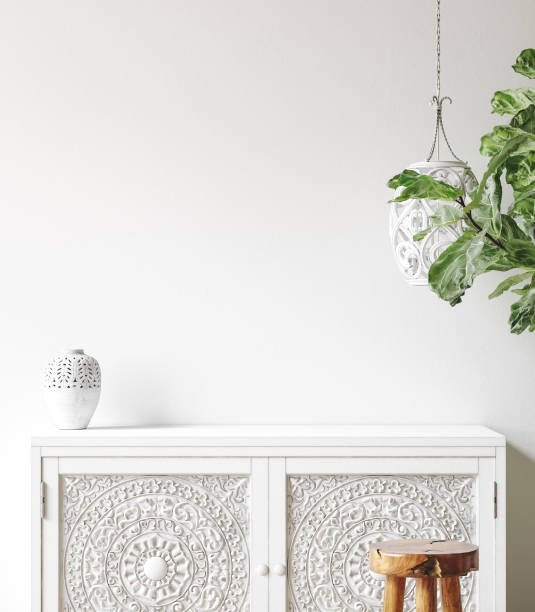 Wall mockup close up in Coastal living room interior with commode, plant and decor stock photo