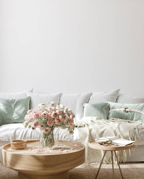 Wall mockup in interior background, room in light pastel colors, Scandi style stock photo