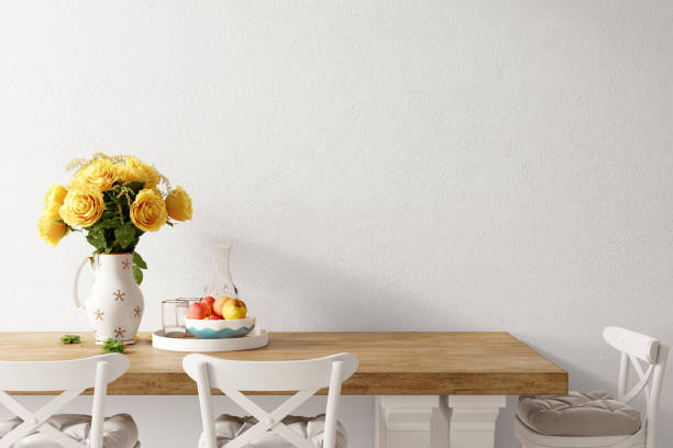 Wall mockup. Scandinavian interior style. Decorative vase with yellow roses. 3d Rendering, 3d Illustration stock photo