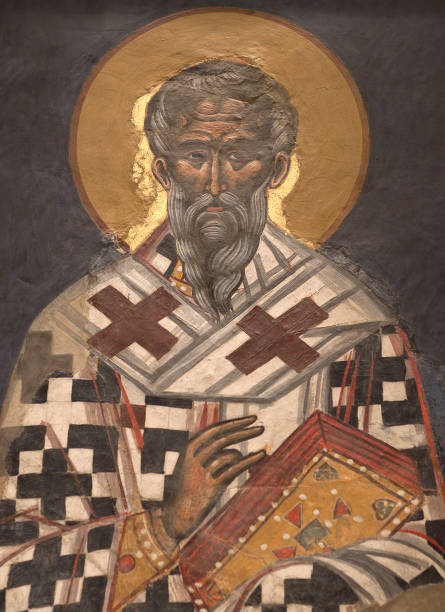Wall painting of the Pantokrator Monastery on holy mount Athos in Greece - Saint Dionysos the Areopagite. Mid-16th century. stock photo