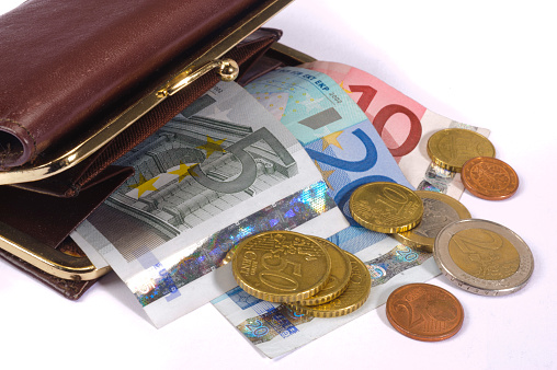 Euro Currency in black Wallet on White Background