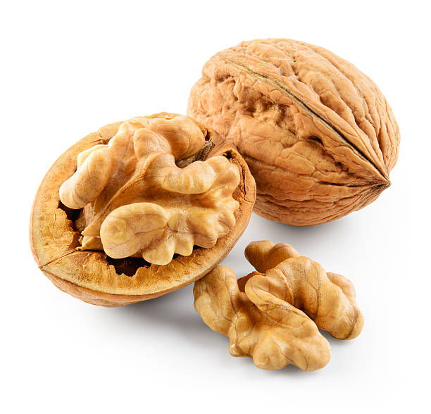 walnut isolated on white background. with clipping path. - nozes imagens e fotografias de stock