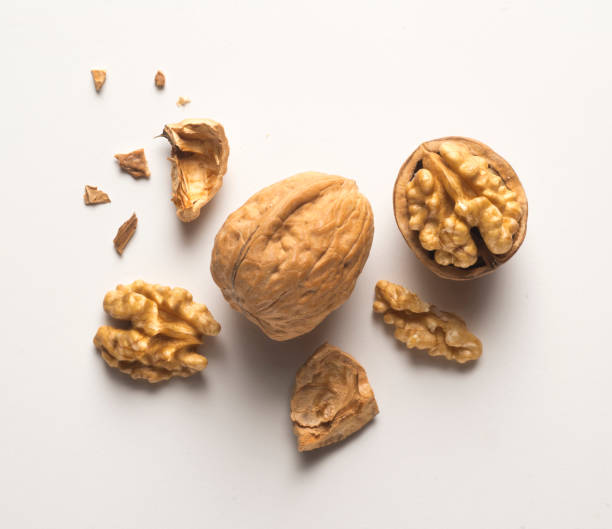 walnuts whole and open - nozes imagens e fotografias de stock
