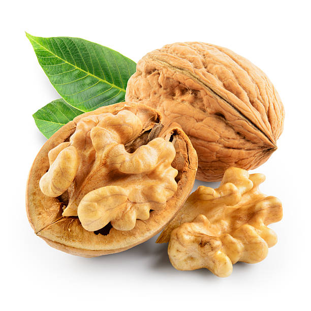 walnuts with leaves isolated on white. with clipping path. - nozes imagens e fotografias de stock
