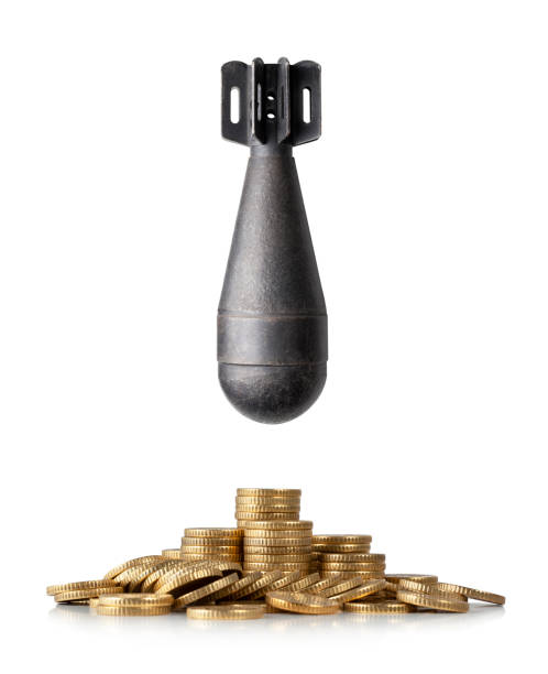 War and money. Bomb and pile of coins. Bomb and pile of coins isolated on white background. rich strike stock pictures, royalty-free photos & images