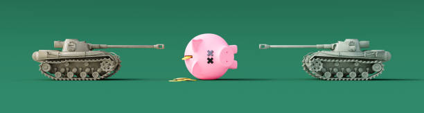 War escalation impact on economy 3d concept. Tipped over piggy bank killed by military tanks 3d render stock photo