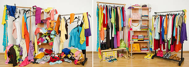 Wardrobe before messy after tidy. stock photo