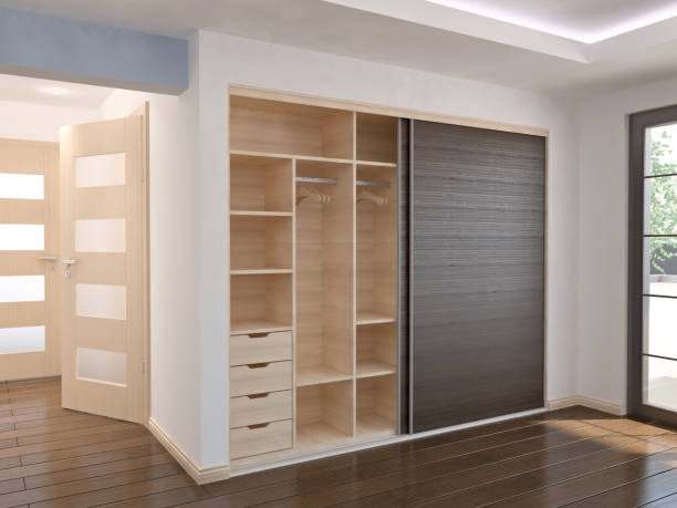 Wardrobe - Sliding doors Interior with wardrobe, 3D illustration closet stock pictures, royalty-free photos & images