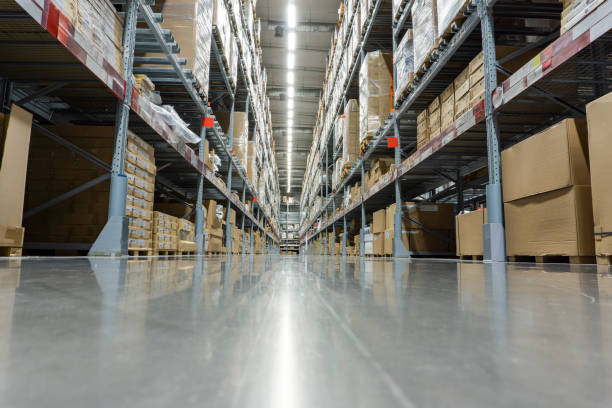 Warehouse Goods Stock Concept. Rows of shelves with boxes in modern warehouse. Warehouse Goods Stock Concept. warehouse photos stock pictures, royalty-free photos & images