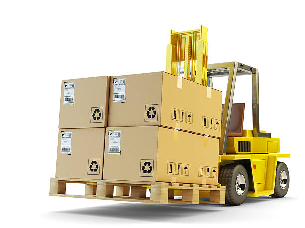 Warehouse logistics, packages shipment, delivery and loading concept stock photo