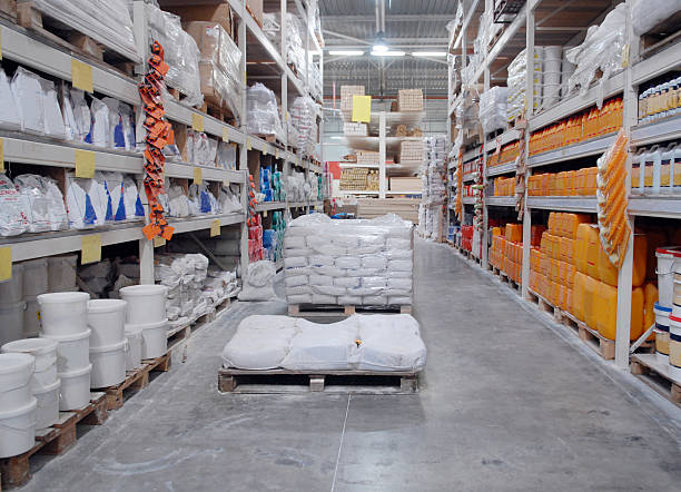 Warehouse with shelves full of building materials Warehouse shop of building materials construction material stock pictures, royalty-free photos & images