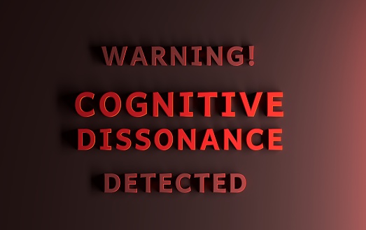 Warning message written in red words Warning Cognitive Dissonance Detected. 3d illustration.