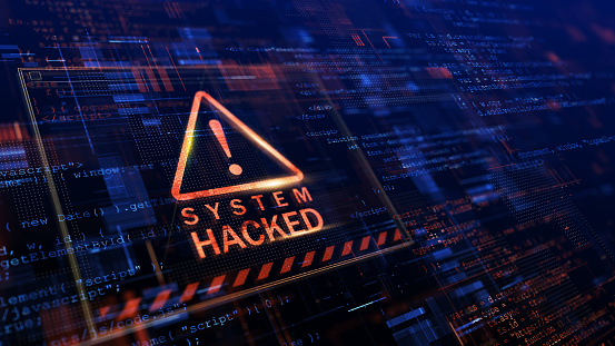 Warning of a system hacked. Virus, cyber attack, malware concept. 3d rendering.