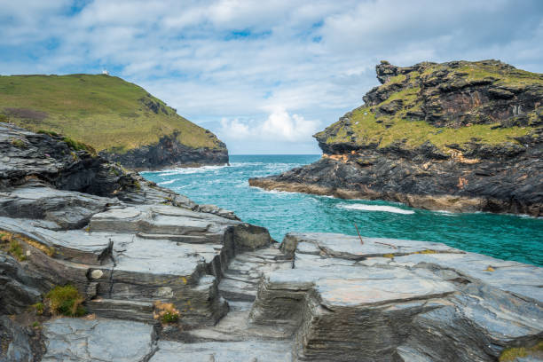 Warren point at the entrance of Boscastle Harbour stock photo