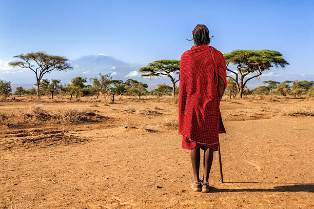 Warrior from Maasai tribe looking at Mount Kilimanjaro, Kenya, Africa African warrior from Maasai tribe, Mount Kilimanjaro on the background, central Kenya, Africa. Maasai tribe inhabiting southern Kenya and northern Tanzania, and they are related to the Samburu. maasai warrior stock pictures, royalty-free photos & images