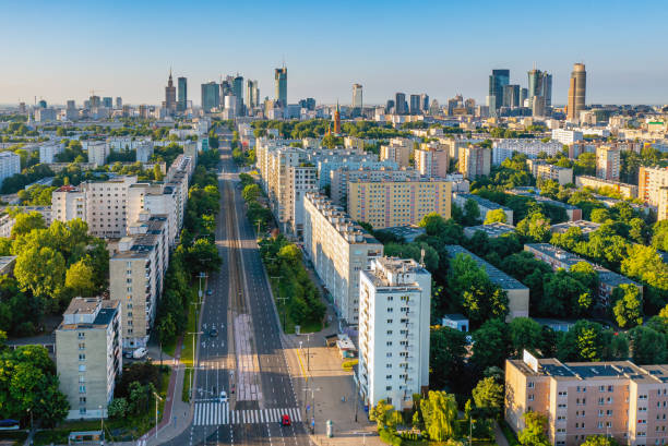 Warsaw city center and Jana Pawla II street aerial view at morning stock photo