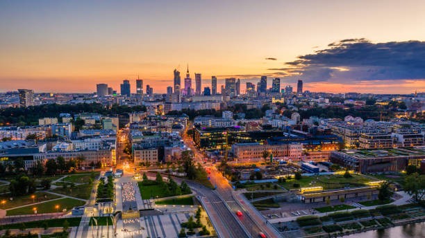 Warsaw city center at dusk aerial view stock photo
