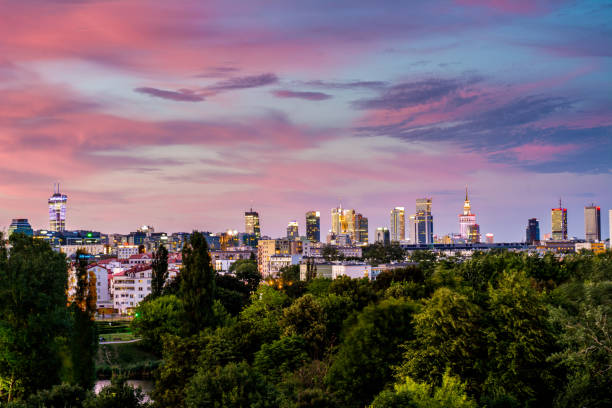 Warsaw Skyline at the evening time stock photo
