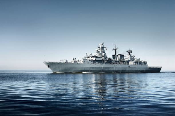 Warship on the sea stock photo