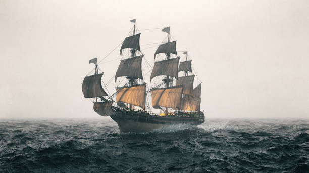 Warship Sailing The Sea During A Storm Old warship sailing the sea and struggling in a heavy storm. galleon stock pictures, royalty-free photos & images