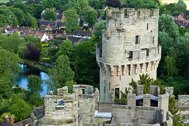 Warwick castle and view over the river Stour stock photo