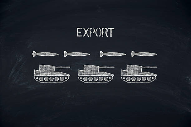 was export symbol of war/weapon export on a blackboard. copy space for text. defense industry stock pictures, royalty-free photos & images