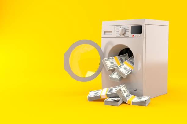 Washer with money Washer with money isolated on orange background. 3d illustration money laundering stock pictures, royalty-free photos & images