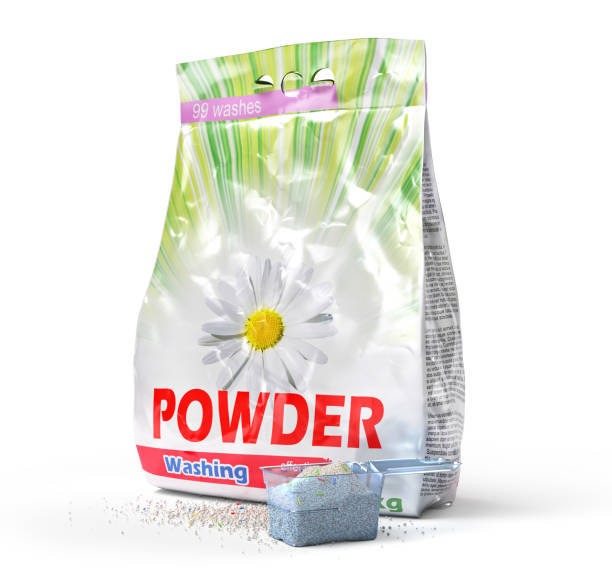 Washing powder in the measuring cup and package. 3d illustration stock photo