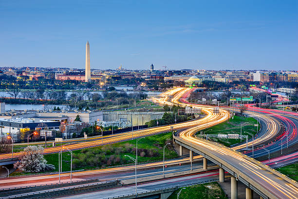 Washington DC Skyline Washington, DC skyline of monuments and highways. washington dc stock pictures, royalty-free photos & images