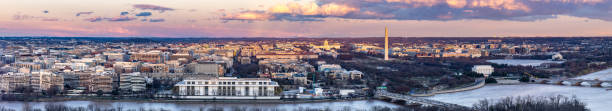 Washington DC sunset Panorama aerial view of Washington DC Skyscraper skylines building cityscape Capital of USA  from Arlington Virginia USA in sunset twilight. washington dc stock pictures, royalty-free photos & images