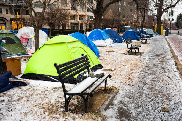 Washington, DC, USA - Feb. 14, 2020: homeless tents covered in ice in winter in the middle of the city stock photo