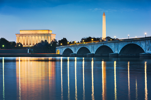 Washington DC, USA skyline on the Potomac River at night.