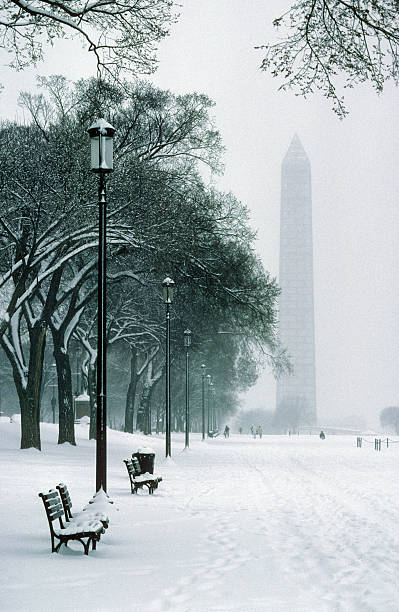 Washington Monument and snow stock photo
