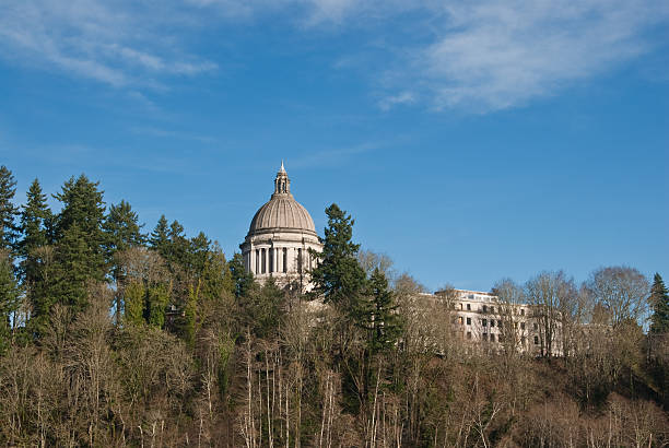 Washington State Capitol Building After Olympia became the capitol city of Washington Territory in 1853, the city's founder, Edmund Sylvester, gave the legislature 12 acres of land upon which to build the capitol, located on a hill overlooking what is now known as Capitol Lake. A two-story wood-frame building was constructed on the site, where the legislature met starting in 1854. When work started on a permanent capitol it was soon stalled by poor economic conditions. Meanwhile Washington became the forty-second US state on November 11, 1889. When the state legislature finally approved an appropriation of additional funds in 1897, newly elected Governor John Rogers vetoed it. Eventually a new State Capitol Commission was formed in 1911. This time, the commission was interested in constructing a campus to serve as the capitol rather than a single facility and selected a design that was influenced by the famous Olmsted brothers who served as design consultants from 1911 to 1912. Construction of the campus began in 1912 with the Olmsteds designing and supervising the landscaping. The Legislative Building was completed in 1928. The Capitol Campus was placed on the National Register of Historic Districts in 1974. The campus has some of the most iconic views in the State including the Olympic Mountains, Puget Sound, Mt. Rainier and the Capitol Dome. jeff goulden government building stock pictures, royalty-free photos & images