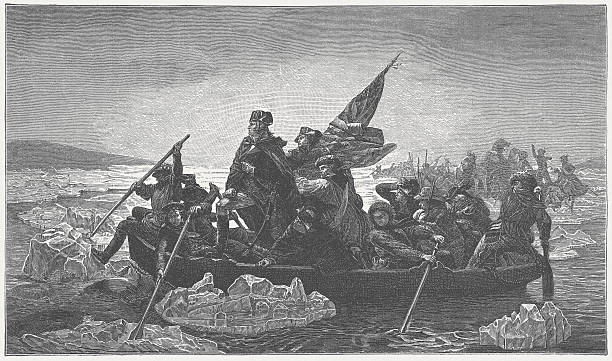 Washington's crossing of the Delaware River, 1776, published in 1882 Washington's crossing of the Delaware River, which occurred on the night of December 25–26, 1776, during the American Revolutionary War. Wood engraving after a painting (1851) by Emanuel Gottlieb Leutze (German American history painter, 1816 - 1868), published in 1882. american revolution stock pictures, royalty-free photos & images