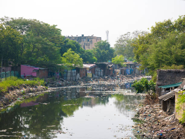 Waste or garbage polluting lake or canal causing disaster to environment. Chennai stock photo