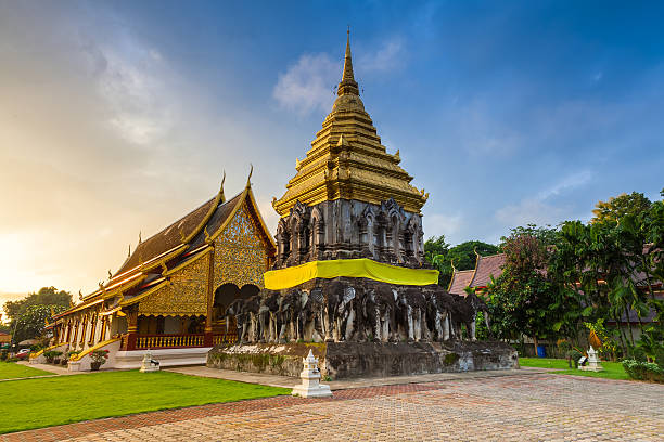Wat Chiang Man at sunrise, Thailand stock photo