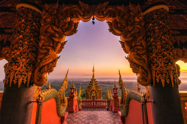 Wat Phra That Doi Phra Chan Temple with beautiful view at sunrise, Lampang province, Thailand stock photo